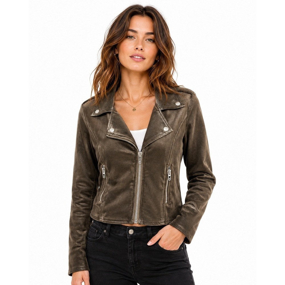 BLANKNYC Velvet Moto Jacket Womens XS Olive Brown Cropped Biker Asymmetrical Zip